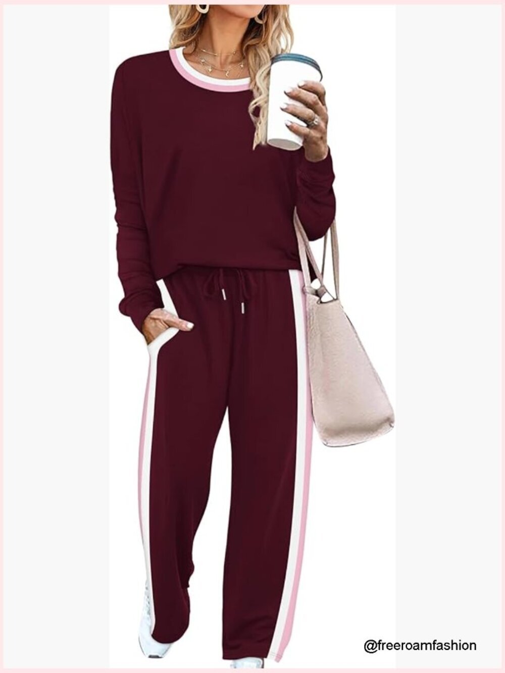 2 Piece Lounge Set Womens Long Sleeve Wide Leg Sweatpants Sweatsuit with Pockets